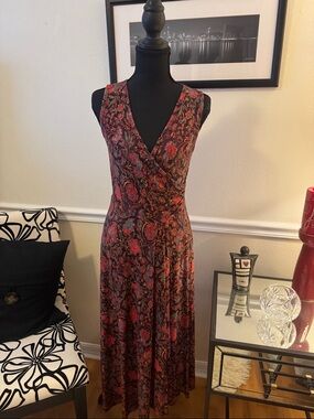 Peruvian Connection Sleeveless V-Neck Paisley Maxi Dress in Burgundy and Teal Sm